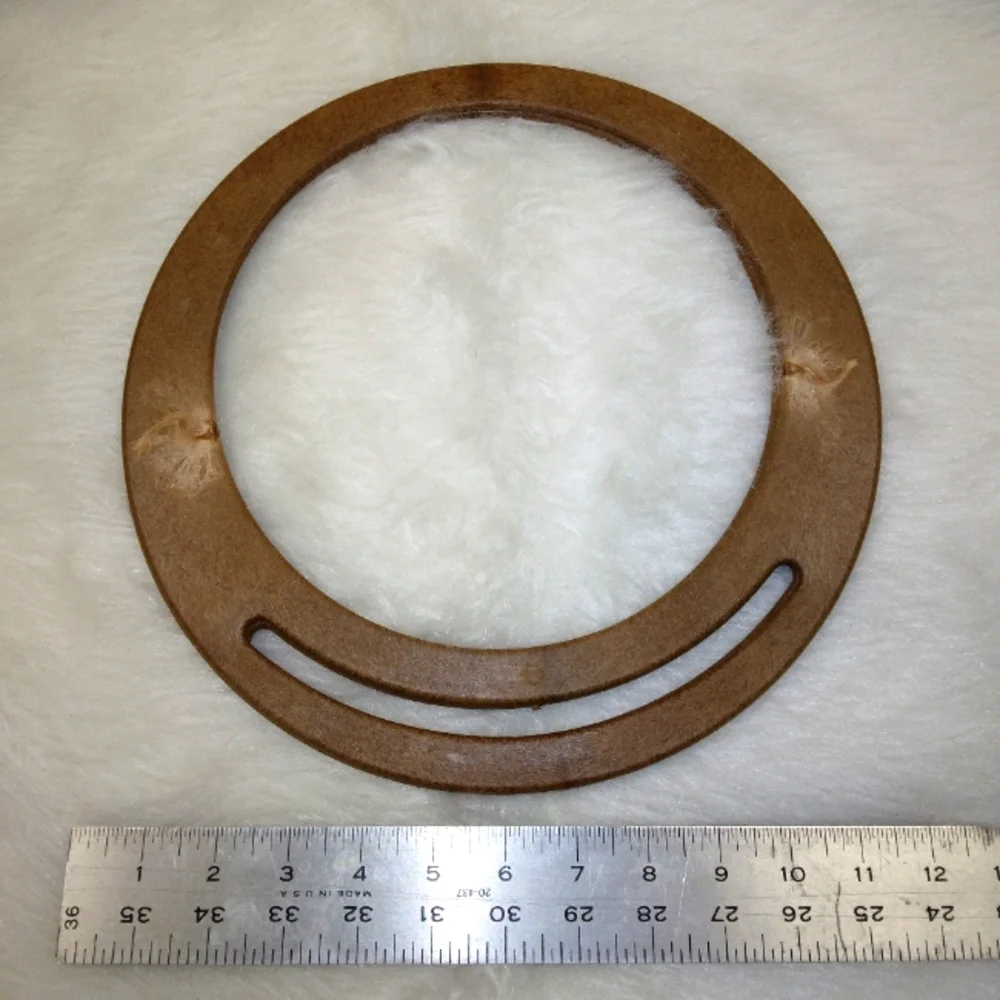 MACRAME Purse handled, wooden look, approximately 11 inch diameter